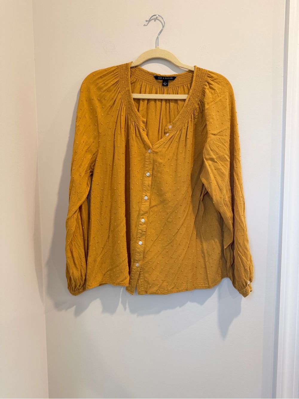 Zac & Rachel Mustard Button-Front Dot-Textured Blouse